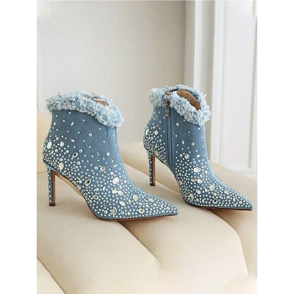 1877 Mofirdast Rhinestone Denim Stiletto Heel Ankle Pointed Toe Side Zipper - Picture 2 of 3